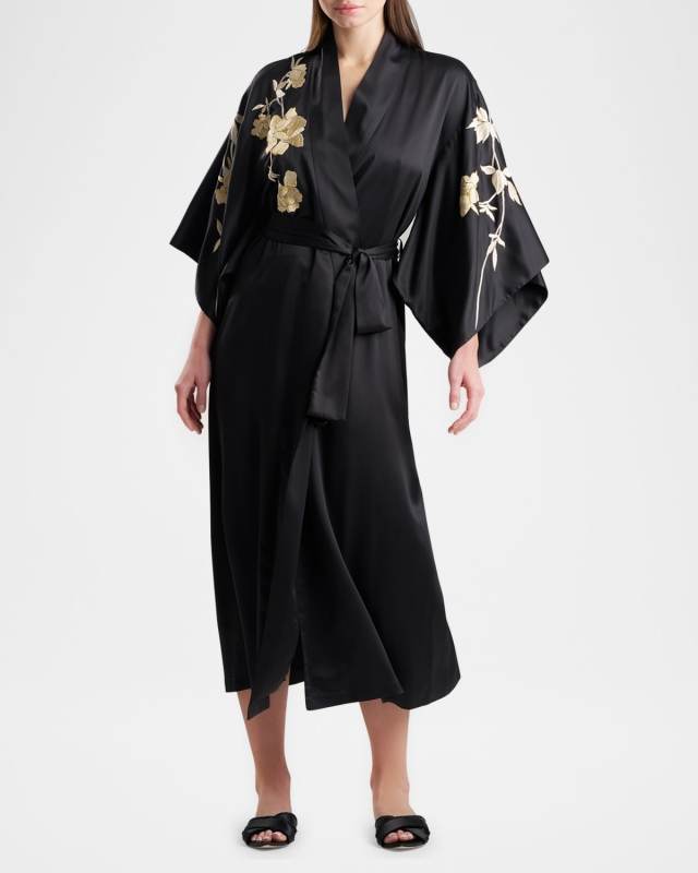 Peony Blossom Embroidered Kimono Robe